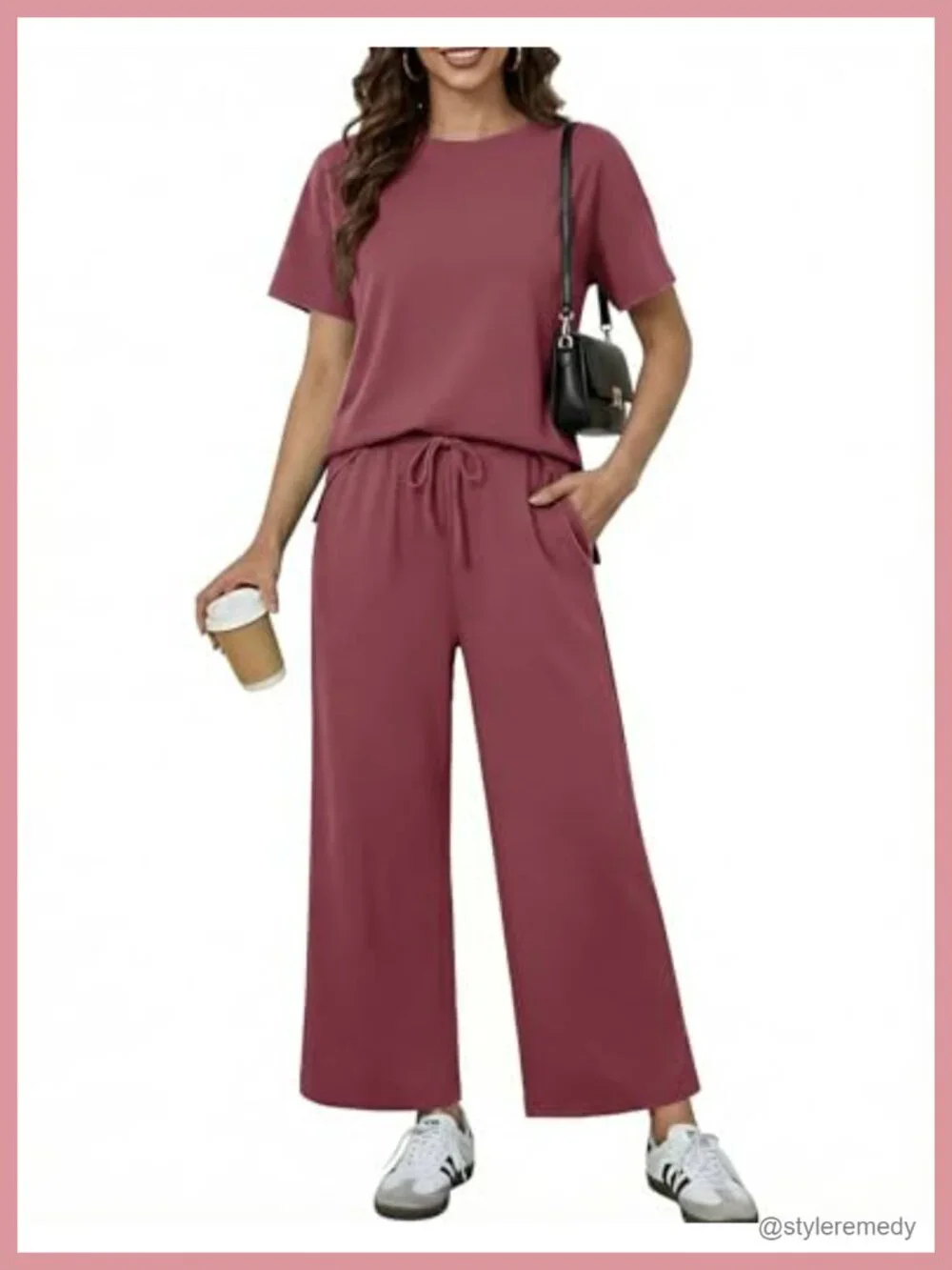 2 Piece Lounge Set Womens Short Sleeve Wide Leg Pants Drawstring Pockets Travel